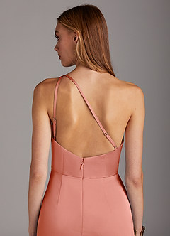 Azazie Mika Bridesmaid Dresses Coral Sheath One Shoulder Stretch Satin Dress image5