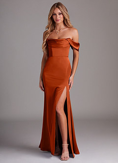 Azazie Saige Bridesmaid Dresses Paprika Sheath Off the Shoulder Stretch Satin Dress image1