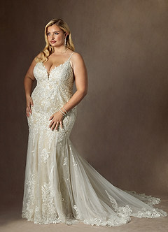 Azazie Camlynn Wedding Dresses Diamond White Nude Mermaid V-Neck Sequins Tulle Dress image10