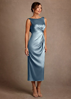 Azazie Mazhe Moeder van de bruid jurken A-Lijn Jurk van Stretch Satijn Geplooid Stoffig Blauw image4