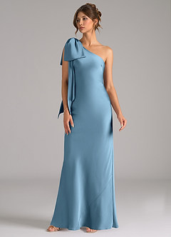 Azazie Capri Bridesmaid Dresses Steel Blue Mermaid One Shoulder Stretch Satin Dress image4
