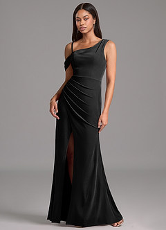 Azazie Madelyn Robes de demoiselle d'honneur Robe Fourreau en velours Ue épaule Noir image4