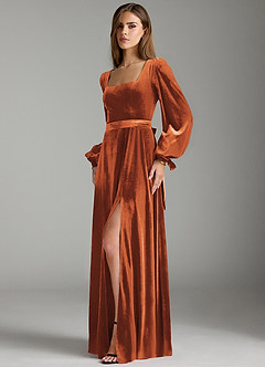 Azazie Leonia Bridesmaid Dresses Burnt Orange A-Line Long Sleeve Velvet Dress image5