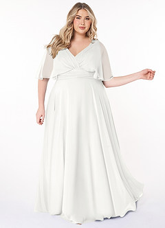 Azazie Pamela Robes de demoiselle d'honneur Robe Trapèze en Mousseline de soie Col V plissé Blanc image3