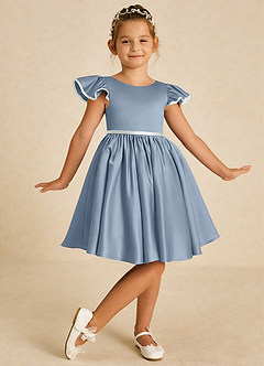 Azazie Sugar Plum Flower Girl Dresses Dusty Blue Ivory A-Line Bow Matte Satin Dress image2