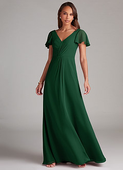 Azazie Soren Vestidos de damas de honor Vestido de Verde Oscuro de Gasa de Corte en A con Volante image3