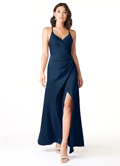 Azazie Geanna Vestidos de damas de honor Vestido de Azul Marino Oscuro de Satén Elástico de Corte Recto con Cuello en V Plisado image1