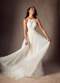 Azazie Odell Robes de mariée Robe Trapèze en Tulle Paillettes dos nu Diamant Blanc Champagne image8