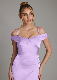 Azazie Teyana Bridesmaid Dresses Lilac Sheath Off the Shoulder Stretch Satin Dress image3