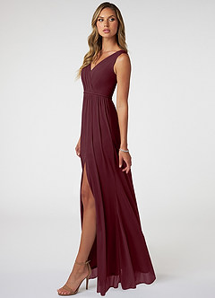 Azazie Tanicia Bridesmaid Dresses Cabernet A-Line V-Neck Pleated Mesh Dress image3