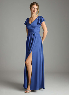 Azazie Omari Robes de demoiselle d'honneur Robe Trapèze en Satin extensible Bleu Roi image4