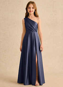 Azazie Puddles Girls Formal Robe Demoiselle D'honneur Fillette Robe Trapèze en Satin extensible Asymétrique Bleu Orageux image6