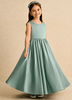 Azazie Nellia Blumenmädchenkleider A-Linie Schleifen Matte Satin Kleid Silberner Salbei image4