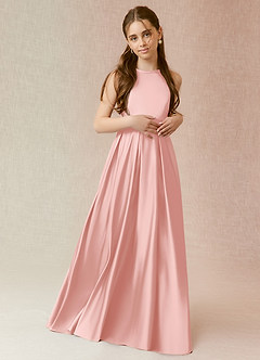 Azazie Arianthe Junior Powder Pink A-Line with Pockets Stretch Satin Dress image1