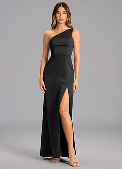 Azazie Phaedra At-home Try On Dresses Black A-Line One Shoulder Stretch Satin Dress image1