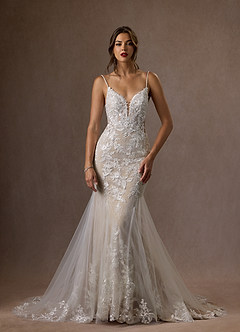 Azazie Leonie Wedding Dresses Diamond White Nude Mermaid V-Neck Sequins Tulle Dress image6