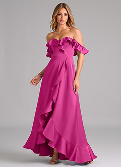 Azazie Lyra Jurken voor bruidsmeisjes Converteerbaar Jurk van Stretch Satijn met A-Lijn Off the Shoulder Fuchsia image1
