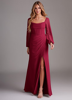 Azazie Charissa Brautjungfernkleider Etui Langarm Chiffon Kleid Burgunderrot image3