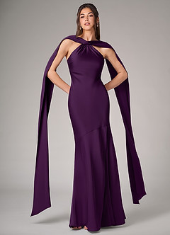 Azazie Kinsley Bridesmaid Dresses Grape Mermaid Side Slit Stretch Satin Dress image1