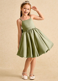 Azazie Davine vestidos de niña de las flores Vestido de Musgo Verde de Satin Mate de Corte En A con Tirante Espagueti image4