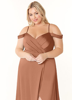 Azazie Ocean Bridesmaid Dresses Bronzer A-Line V-Neck Pleated Stretch Satin Dress image10