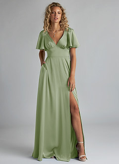 Azazie Kimber Bridesmaid Dresses Dusty Sage A-Line Ruched Stretch Satin Dress image1