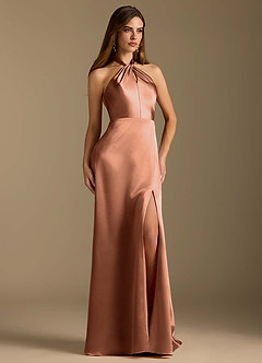 Azazie Tracie At-home Try On Dresses Auburn A-Line Pleated Metallic Satin Dress image5