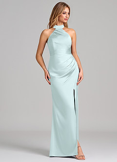 Azazie Karlotta Bridesmaid Dresses Sea Glass Sheath Pleated Stretch Satin Dress image5