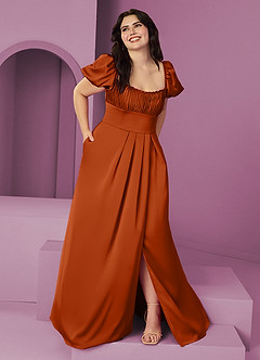 Barbie ♥ Azazie Bridesmaid Dresses Burnt Orange A-Line Ruched Stretch Satin Dress image7