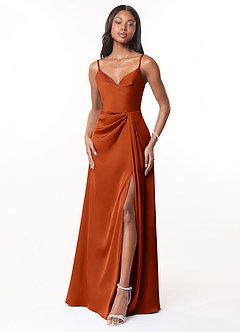 Azazie Brielle Bridesmaid Dresses Paprika A-Line Cowl Spaghetti Straps Stretch Satin Dress image1