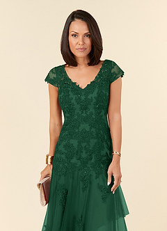 Azazie Romy vestidos de madre de la novia Vestido de Verde Oscuro de Tul de Sirena con Cuello en V Lentejuelas image5