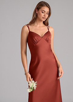 Azazie Suttona Bridesmaid Dresses Terracotta A-Line Pleated Stretch Satin Dress image7
