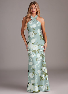 Azazie Doretta Bridesmaid Dresses Misty Floral Garden Mermaid Pleated Stretch Satin Dress image2