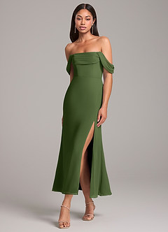 Azazie Saige Jurken voor bruidsmeisjes Converteerbaar Jurk van Chiffon met Kolom Off the Shoulder Olijf image3