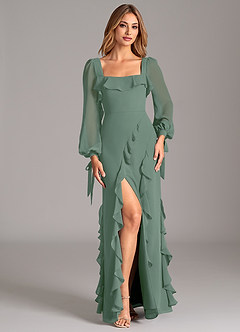 Azazie Candice Bridesmaid Dresses Eucalyptus A-Line Long Sleeve Chiffon Dress image4