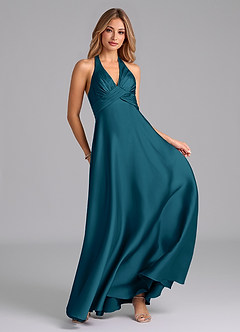 Azazie Tessie Bridesmaid Dresses Ink Blue A-Line Pleated Stretch Satin Dress image4