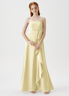 Azazie Kaylee Junior Lemon Sorbet A-Line with Belt Stretch Satin Dress image1