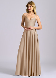 Azazie Truce Robes de demoiselle d'honneur Robe Trapèze en Satin extensible Taupe image4