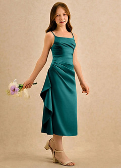 Azazie Canna Girls Formal vestidos de niña de las flores Vestido de Pavo Real de Satén Elástico de Corte en A con Plisado image3