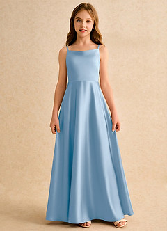 Azazie Joella Girls Formal Flower Girl Dresses Powder Blue A-Line Pleated Stretch Satin Dress image4