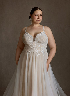 Azazie Devi Robes de mariée Robe Trapèze en Tulle Col V Dentelle Diamant Nude image11