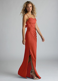 Azazie Mai Bridesmaid Dresses Rust Sheath Pleated Stretch Satin Dress image4