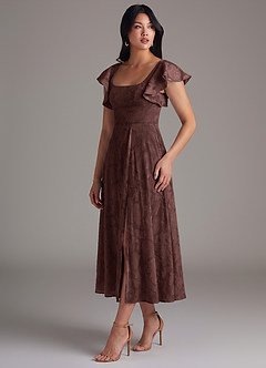 Azazie Bondi Bridesmaid Dresses Espresso A-Line Ruched Floral Burnout Dress image3