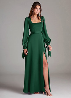Azazie Leonia Vestidos de damas de honor Vestido de Verde Oscuro de Satén Elástico de Corte en A con Manga larga image3