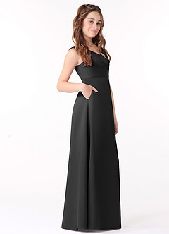 Azazie Sadia Junior Black A-Line Pleated Stretch Satin Dress image2