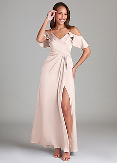 Azazie Dakota Bridesmaid Dresses Blushing Pink A-Line Off the Shoulder Stretch Satin Dress image4