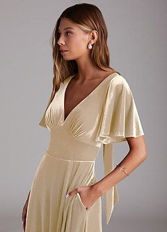 Azazie Kimber Bridesmaid Dresses Champagne A-Line with Pockets Velvet Dress image6