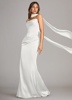 Azazie Sorrel Abiti da Damigella Abito Convertibile Sirena in Raso Elasticizzato Senza Cinturino Bianco image4