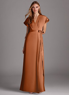 Azazie Nico Bridesmaid Dresses Copper A-Line V-Neck Stretch Satin Dress image1