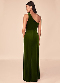 Azazie Argan Bridesmaid Dresses Olive A-Line One Shoulder Pleated Velvet Dress image5